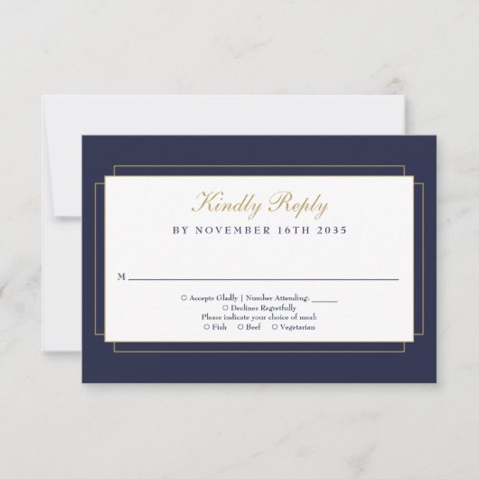 Classic Art Deco Navy Blue und Gold Wedding RSVP Karte (Vorderseite)