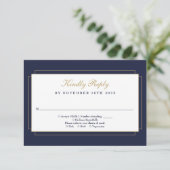 Classic Art Deco Navy Blue und Gold Wedding RSVP Karte (Stehend Vorderseite)