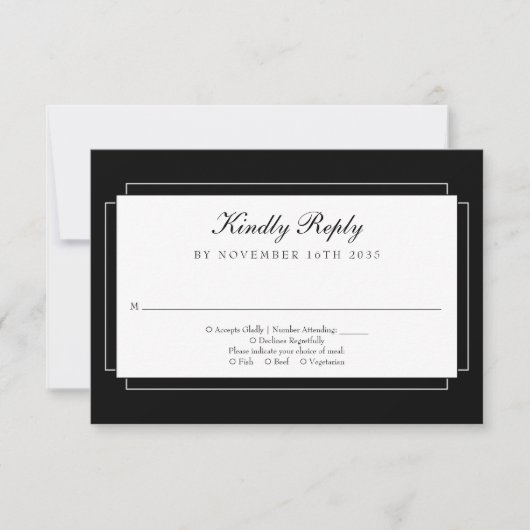 Classic Art Deco Schwarz und Weiß Hochzeit RSVP Karte (Vorderseite)