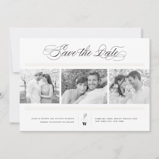 Classic Bars Monogram Modern 3 Multi Foto Wedding Save The Date (Vorderseite)