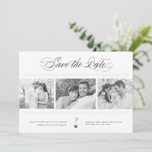 Classic Bars Monogram Modern 3 Multi Foto Wedding Save The Date (Stehend Vorderseite)