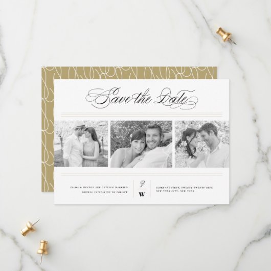 Classic Bars Monogram Modern 3 Multi Foto Wedding Save The Date (Vorderseite/Rückseite Beispiel)
