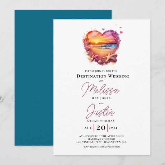 Classic Beach Heart Wedding Einladung (Vorne/Hinten)