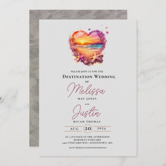 Classic Beach Heart Wedding Einladung (Vorne/Hinten)