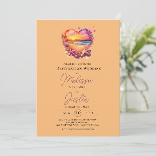 Classic Beach Heart Wedding Einladung (Stehend Vorderseite)