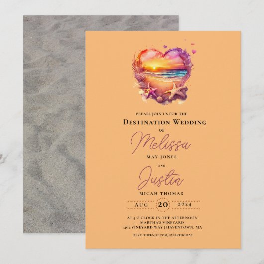 Classic Beach Heart Wedding Einladung (Vorne/Hinten)