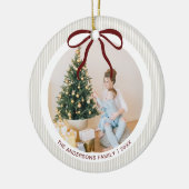 Classic Beige Stripes Red Bow Christmas Keramik Ornament (Links)