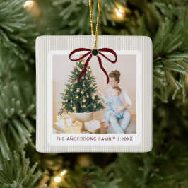 Classic Beige Stripes Red Bow Christmas Keramikornament
