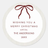 Classic Beige  Stripes Red Bow Merry Christmas Runder Aufkleber (Vorderseite)