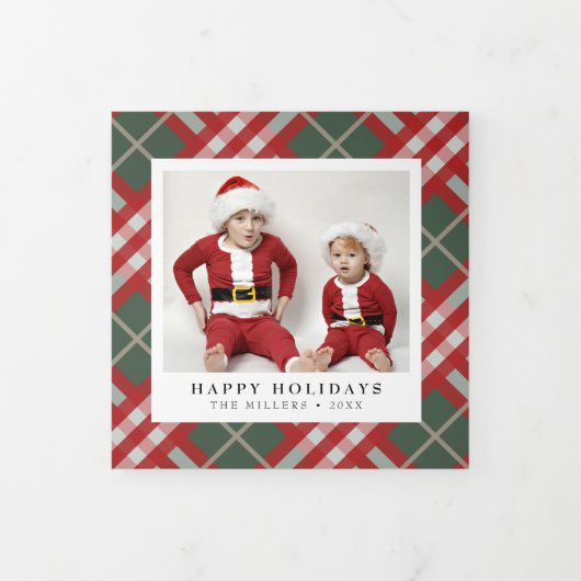 Classic Beige Tartan Karierte Weihnachten Dreifach Gefaltete Urlaubskarte (Cover)