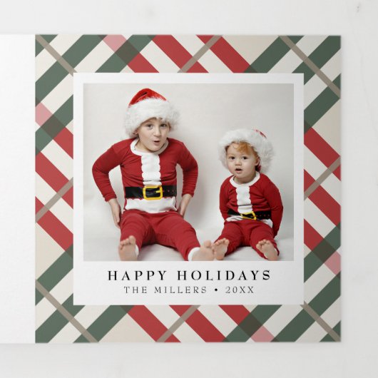 Classic Beige Tartan Karierte Weihnachten Dreifach Gefaltete Urlaubskarte (Cover)