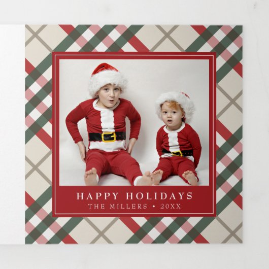 Classic Beige Tartan Kariertes Weihnachtsfest Tri- Dreifach Gefaltete Urlaubskarte (Cover)