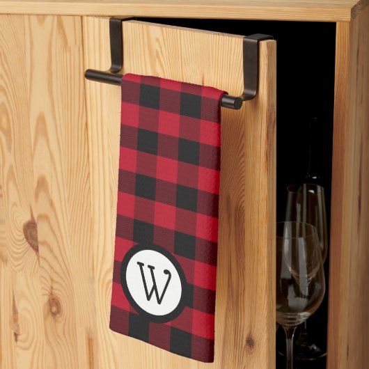 Classic Black and Red Buffalo Kariert mit Monogram Geschirrtuch (Drittel gefaltet)