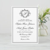 Classic black and white crest monogram wedding einladung (Stehend Vorderseite)