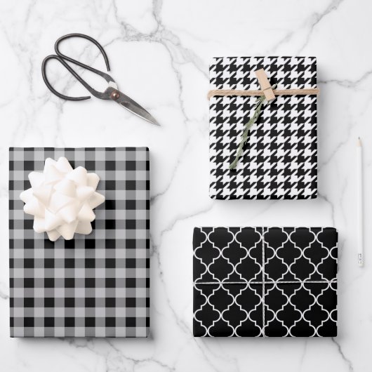 Classic Black and White Evergreen Holiday Pattern Geschenkpapier Set (Vorderseite)
