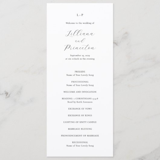 Classic Black and White Monogram Elegant Wedding Programm (Vorderseite)