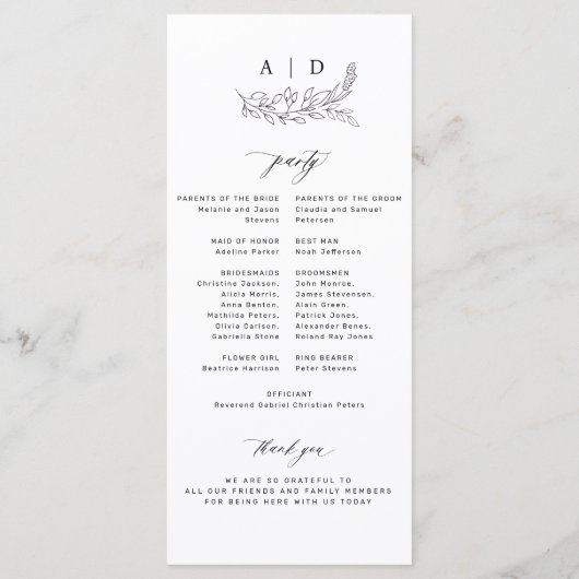 Classic black and white monogram wedding program programm (Rückseite)