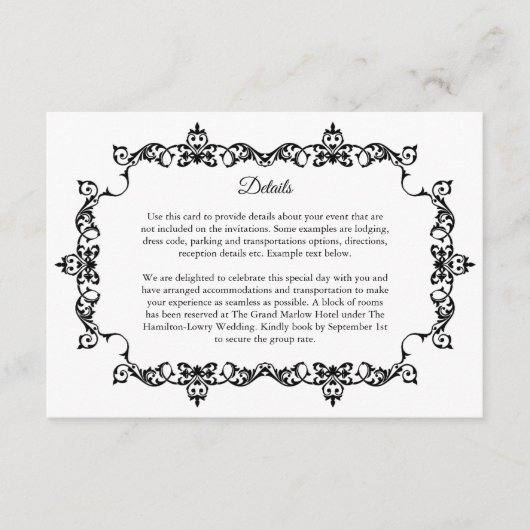 Classic Black and White Ornately Framed Wedding Begleitkarte (Vorderseite)