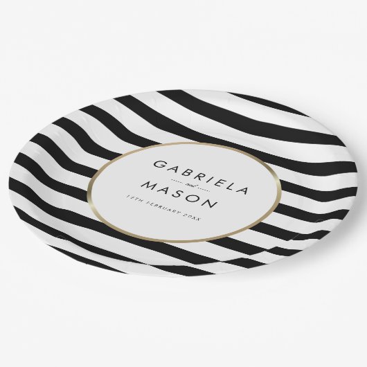 Classic Black and White Stripe Gold Wedding Pappteller (Schrägansicht)