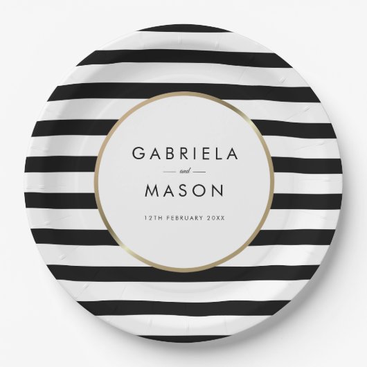 Classic Black and White Stripe Gold Wedding Pappteller (Vorderseite)