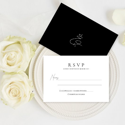 Classic Black and White Stylish Monogram Wedding RSVP Karte