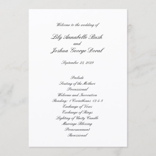 Classic Black and White Timeless Wedding Programm (Vorderseite)