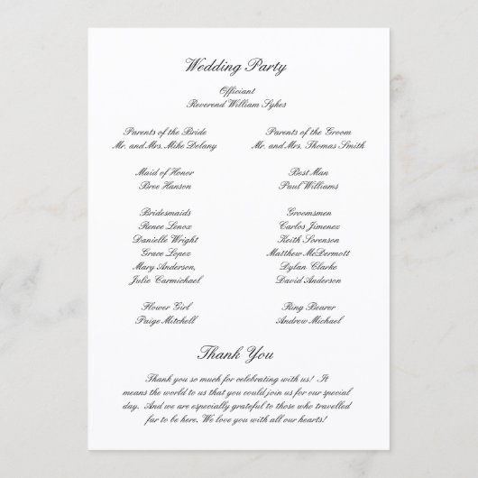 Classic Black and White Timeless Wedding Programm (Rückseite)