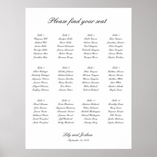 Classic Black and White Wedding Seating Chart Poster (Vorne)