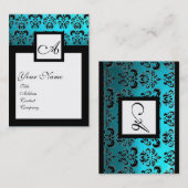 CLASSIC BLACK AQUA BLUE DAMASK SQUARE MONOGRAMM VISITENKARTE (Vorne/Hinten)