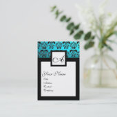 CLASSIC BLACK AQUA BLUE DAMASK SQUARE MONOGRAMM VISITENKARTE (Stehend Vorderseite)