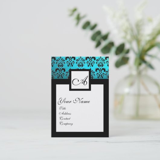 CLASSIC BLACK AQUA BLUE DAMASK SQUARE MONOGRAMM VISITENKARTE (Stehend Vorderseite)