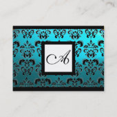 CLASSIC BLACK AQUA BLUE DAMASK SQUARE MONOGRAMM VISITENKARTE (Rückseite)