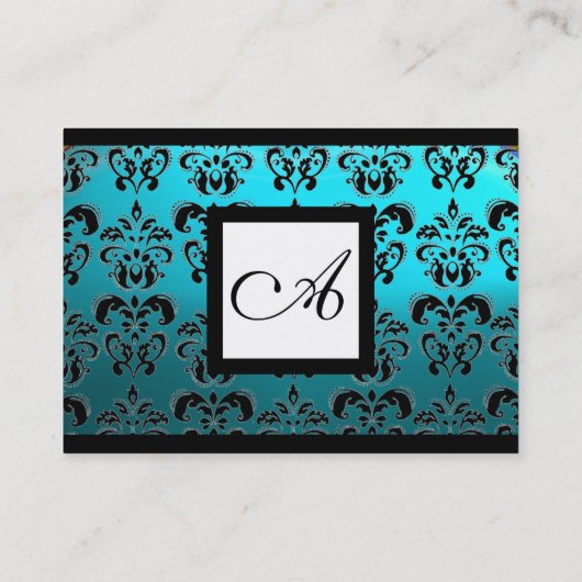 CLASSIC BLACK AQUA BLUE DAMASK SQUARE MONOGRAMM VISITENKARTE (Rückseite)