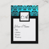 CLASSIC BLACK AQUA BLUE DAMASK SQUARE MONOGRAMM VISITENKARTE (Vorderseite)