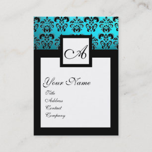 CLASSIC BLACK AQUA BLUE DAMASK SQUARE MONOGRAMM VISITENKARTE