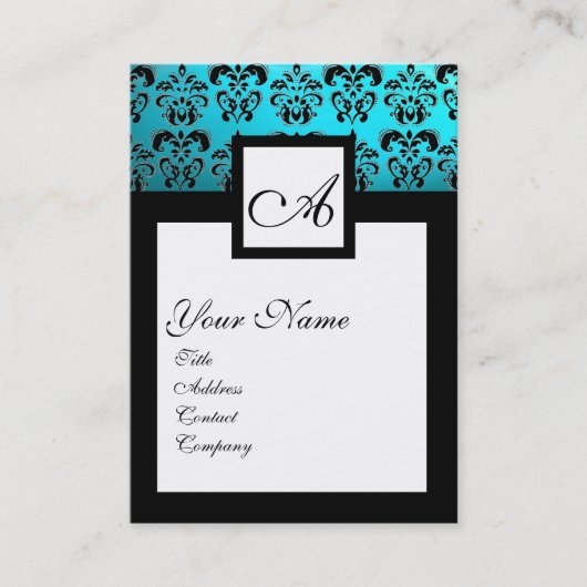 CLASSIC BLACK AQUA BLUE DAMASK SQUARE MONOGRAMM VISITENKARTE (Vorderseite)