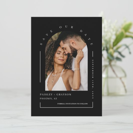 Classic Black Arch Foto QR Code Rettete Unser Datu Einladung (Stehend Vorderseite)