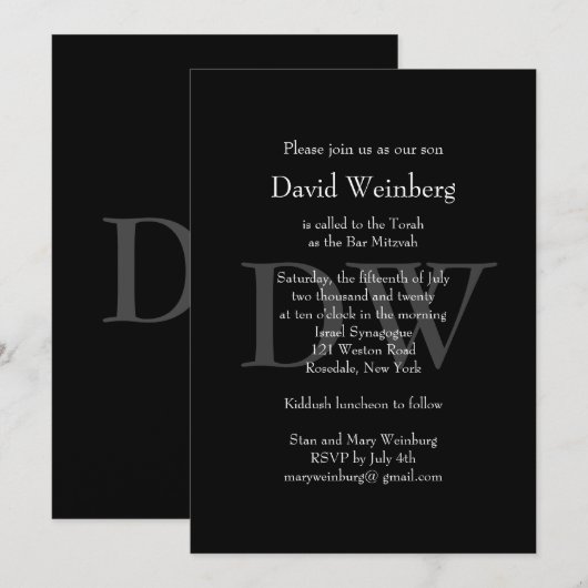 Classic Black Bar Mitzvah Einladung (Vorne/Hinten)