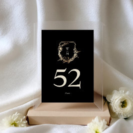 Classic Black & Cream Monogram Gold Wreath Wedding Tischnummer
