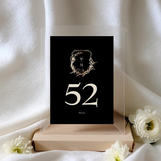 Classic Black & Cream Monogram Gold Wreath Wedding Tischnummer