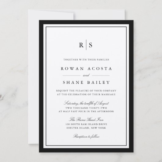 Classic Black & Ecru Border Monogram Wedding Einladung (Vorderseite)