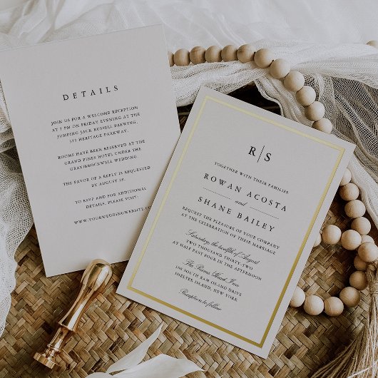 Classic Black & Ecru Border Monogram Wedding Folieneinladung