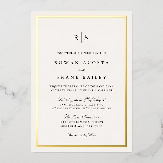 Classic Black & Ecru Border Monogram Wedding Folieneinladung (Vorderseite)