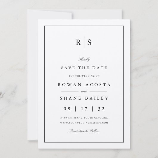 Classic Black & Ecru Monogram Foto Save The Date (Vorderseite)