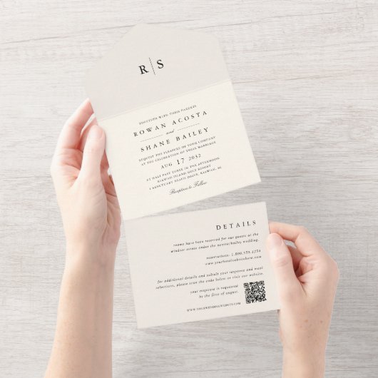 Classic Black & Ecru Monogram Wedding All In One Einladung (Abreißen)