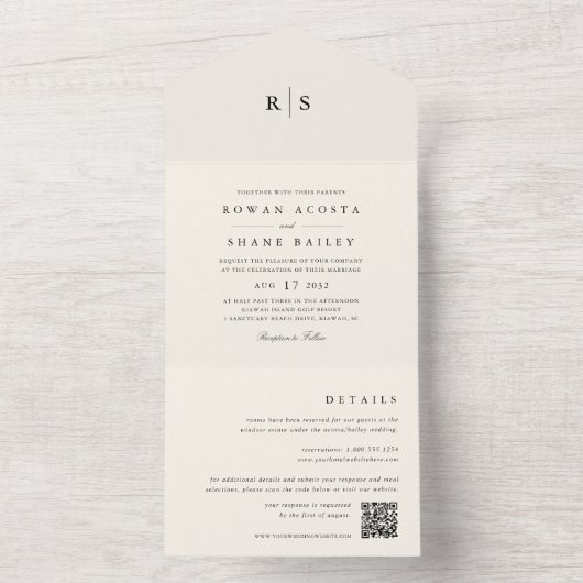 Classic Black & Ecru Monogram Wedding All In One Einladung (Innen Boden)