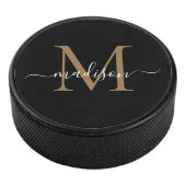Classic Black Gold Monogram Girly Feminine Script Eishockey Puck (3/4)