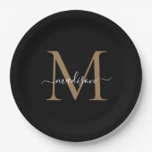 Classic Black Gold Monogram Modern Script Name Pappteller (Vorderseite)