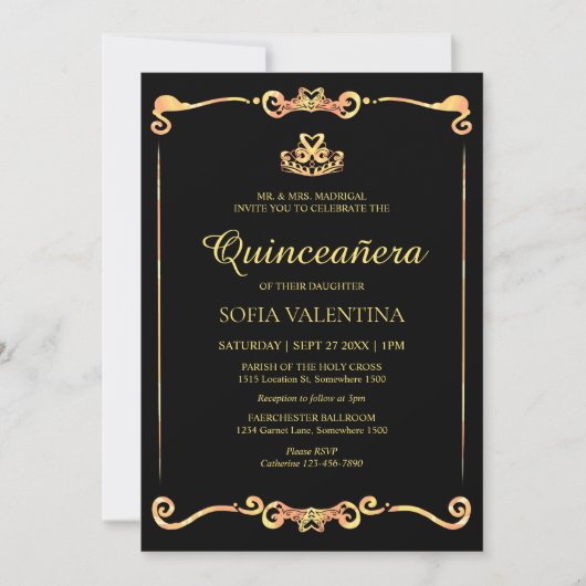 Classic Black Gold Quinceanera Einladung (Vorderseite)
