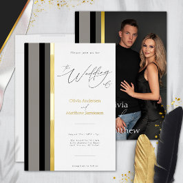Classic Black Gray Gold Stripes Typografy Wedding Folieneinladung